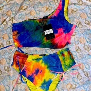 Two piece swim suit in vibrant tie dye colors